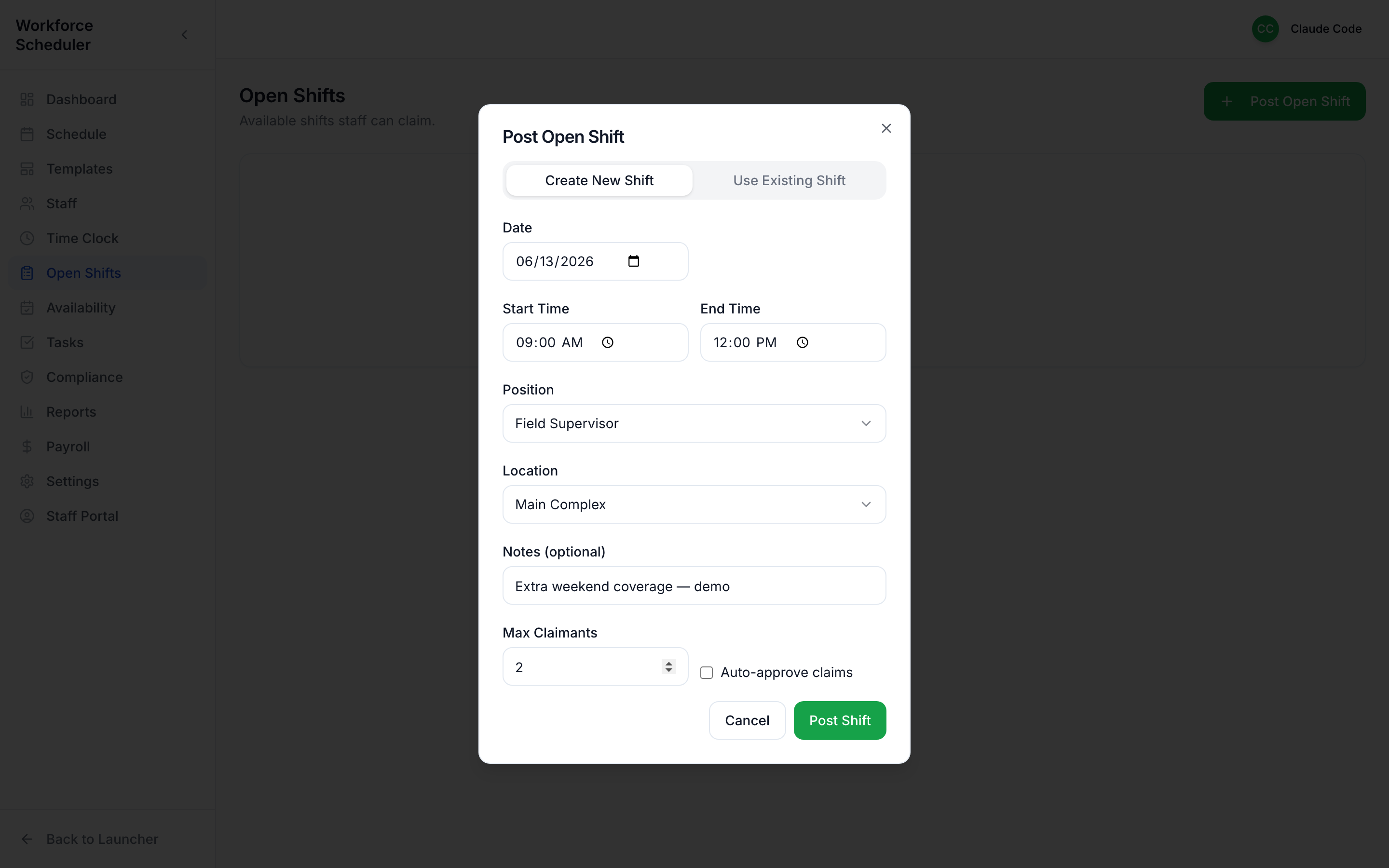 Open shift details filled in