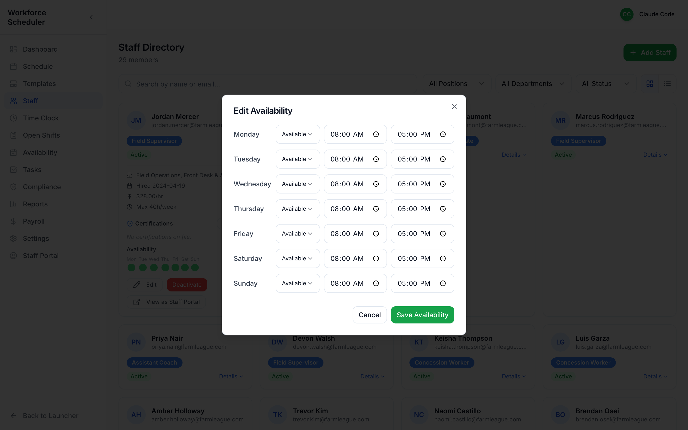 Staff availability editor